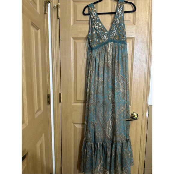 Ranna Gill Anthropologie Dress 8 Boho Paisley Sequin Embroidered Maxi Sleeveless - Picture 2 of 16